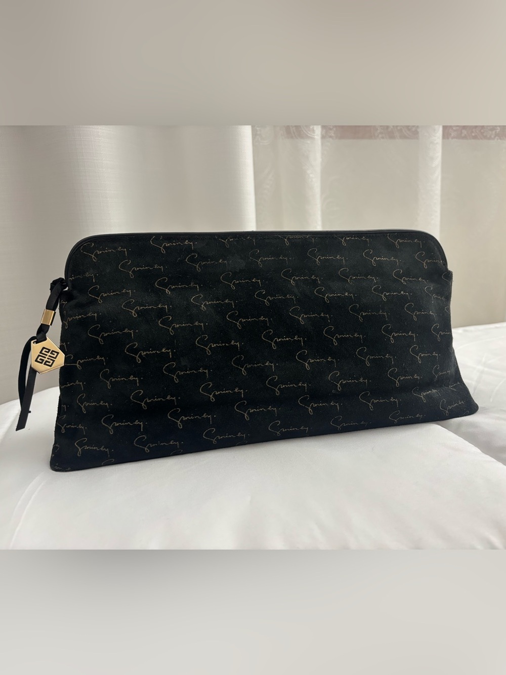 Givenchy Vintage Clutch/Pouch, Gold Signature on Black Suede 13x7x2